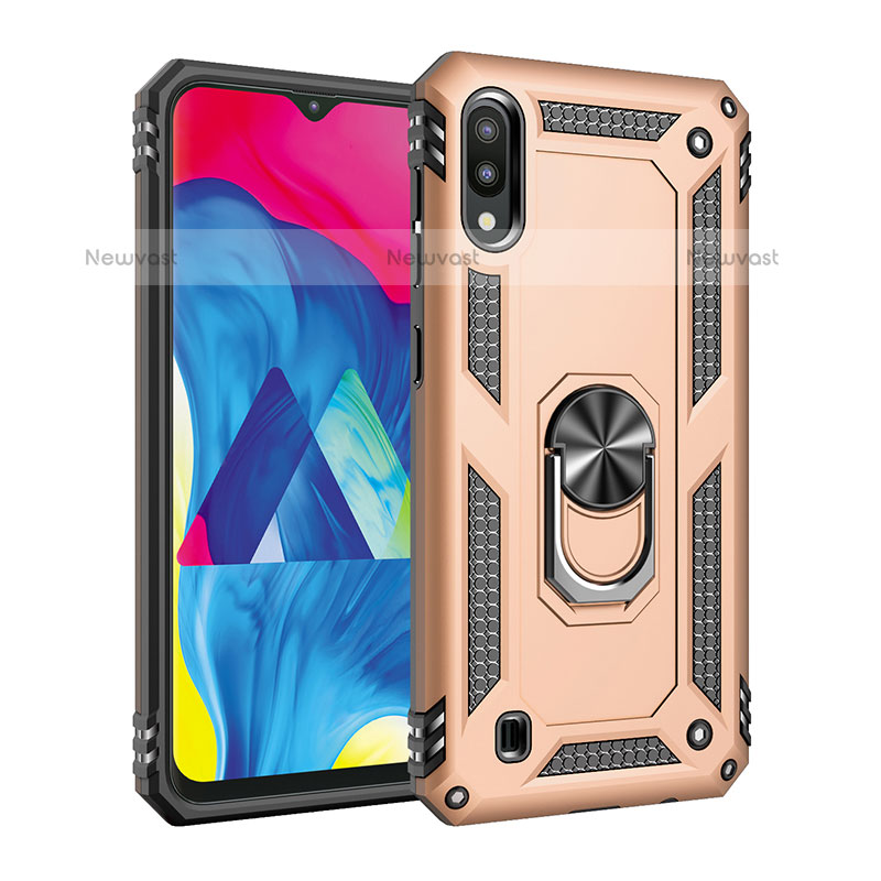 Silicone Matte Finish and Plastic Back Cover Case with Magnetic Finger Ring Stand MQ3 for Samsung Galaxy M10 Gold