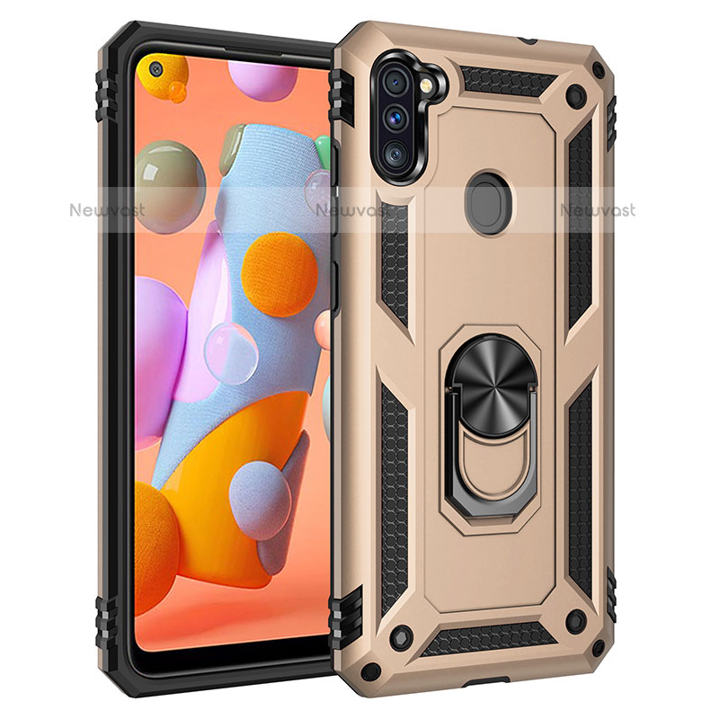 Silicone Matte Finish and Plastic Back Cover Case with Magnetic Finger Ring Stand MQ3 for Samsung Galaxy M11 Gold