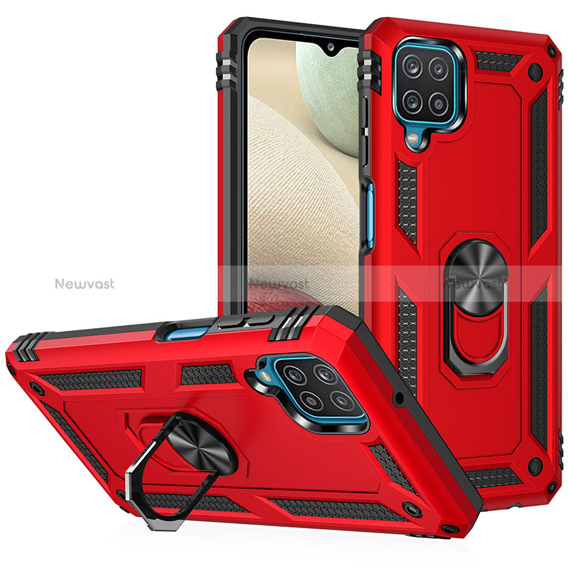 Silicone Matte Finish and Plastic Back Cover Case with Magnetic Finger Ring Stand MQ3 for Samsung Galaxy M12 Red