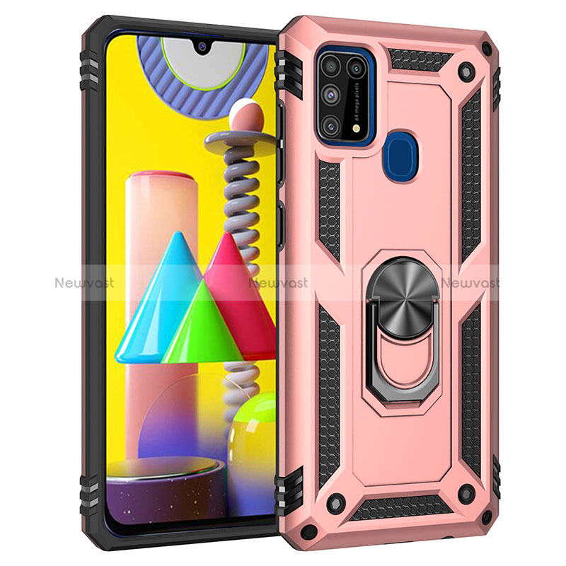 Silicone Matte Finish and Plastic Back Cover Case with Magnetic Finger Ring Stand MQ3 for Samsung Galaxy M21s Rose Gold