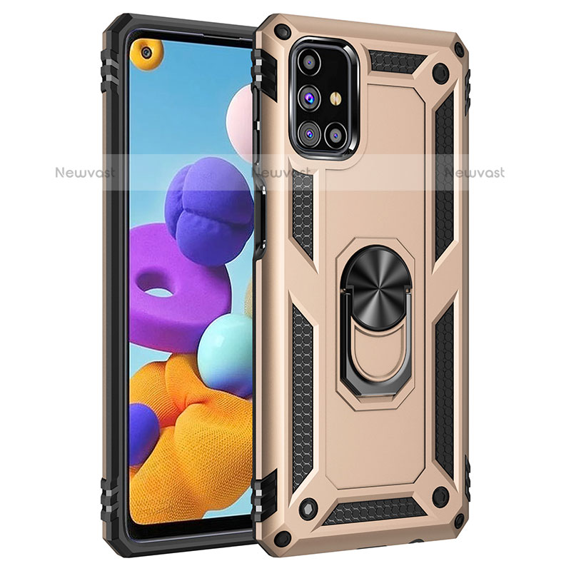 Silicone Matte Finish and Plastic Back Cover Case with Magnetic Finger Ring Stand MQ3 for Samsung Galaxy M31s Gold