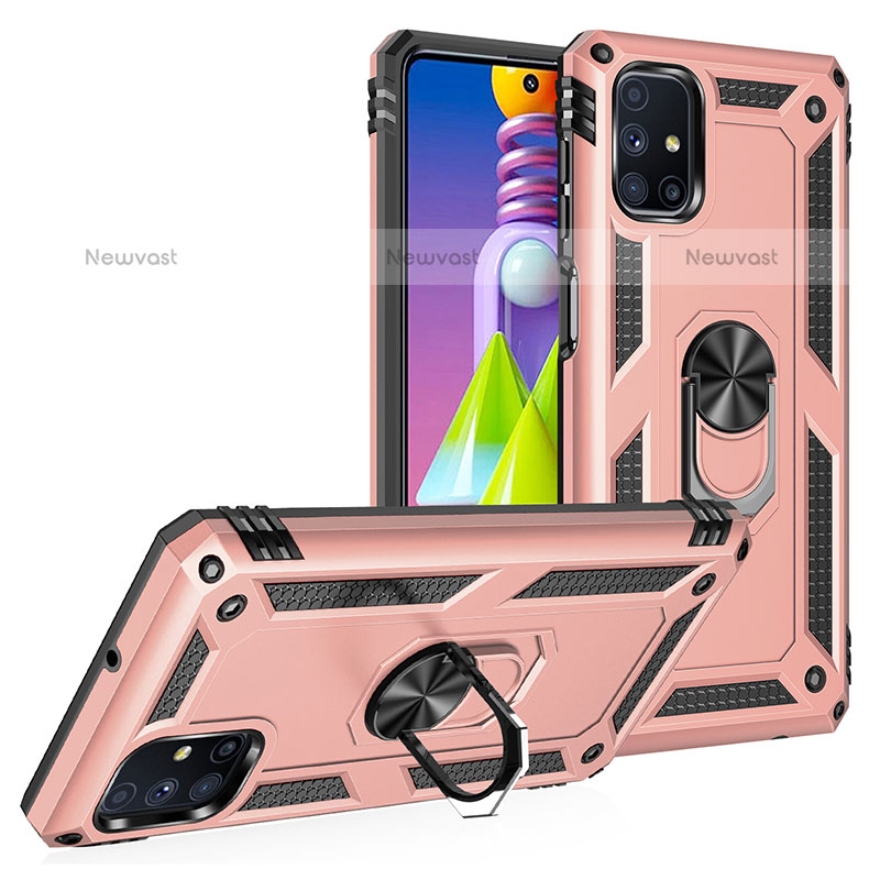 Silicone Matte Finish and Plastic Back Cover Case with Magnetic Finger Ring Stand MQ3 for Samsung Galaxy M51 Rose Gold