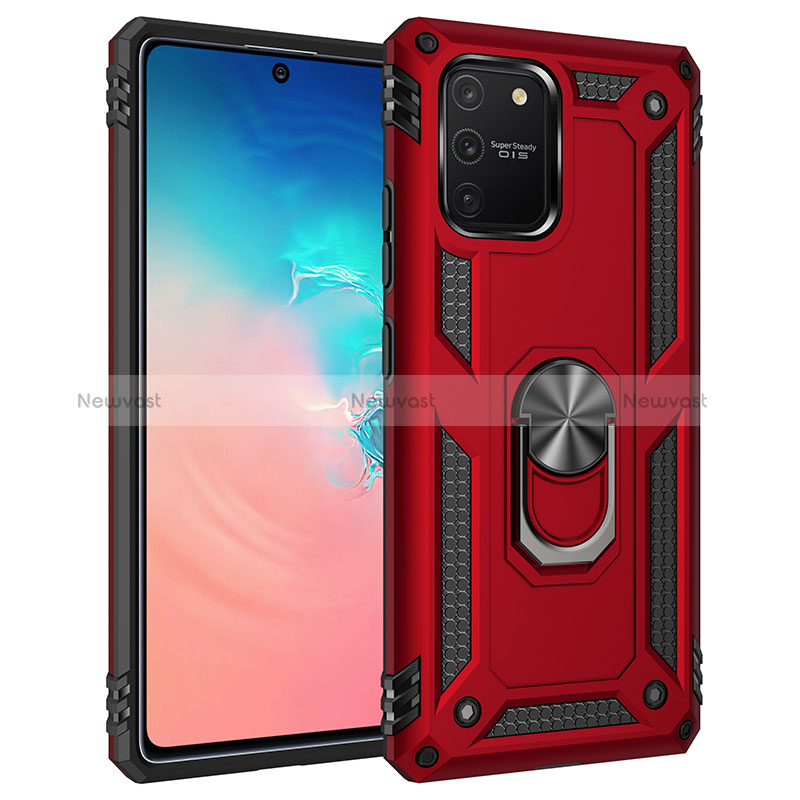 Silicone Matte Finish and Plastic Back Cover Case with Magnetic Finger Ring Stand MQ3 for Samsung Galaxy S10 Lite Red