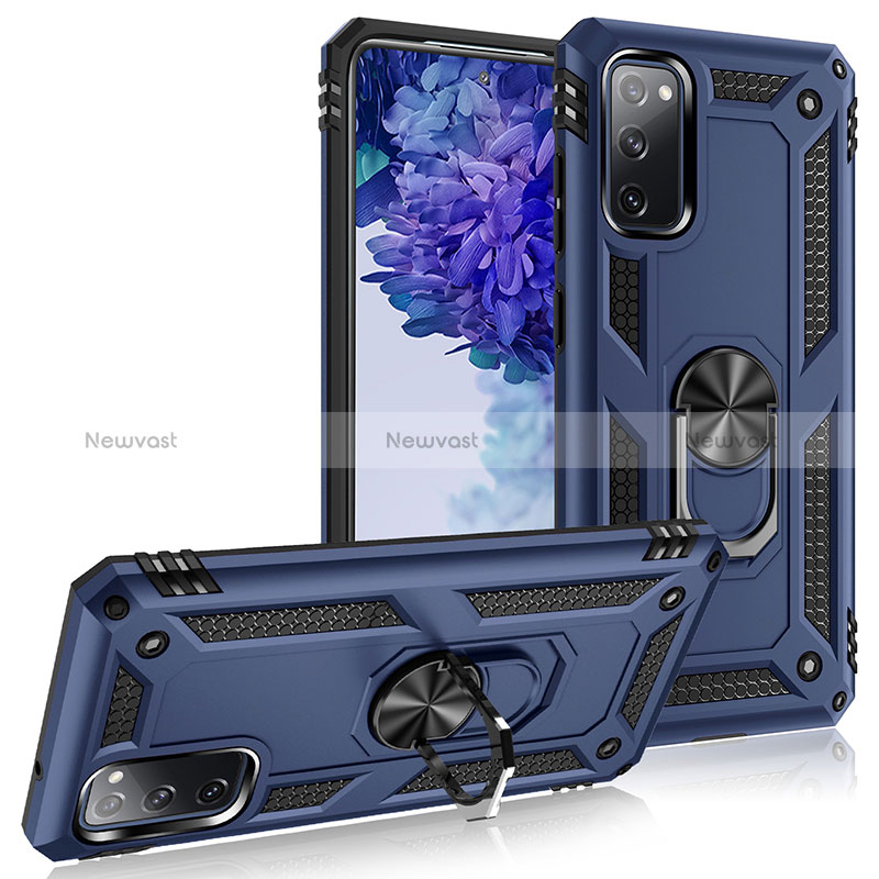 Silicone Matte Finish and Plastic Back Cover Case with Magnetic Finger Ring Stand MQ3 for Samsung Galaxy S20 FE (2022) 5G Blue