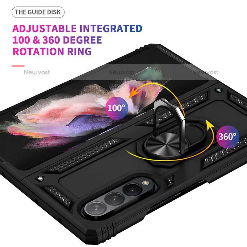 Silicone Matte Finish and Plastic Back Cover Case with Magnetic Finger Ring Stand MQ3 for Samsung Galaxy Z Fold3 5G