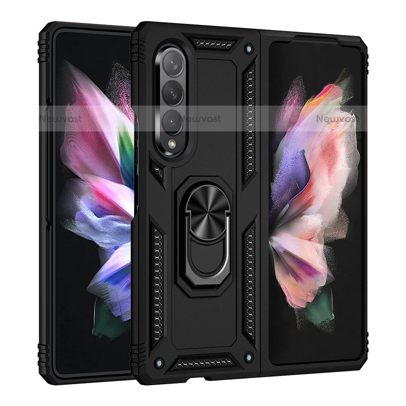 Silicone Matte Finish and Plastic Back Cover Case with Magnetic Finger Ring Stand MQ3 for Samsung Galaxy Z Fold3 5G
