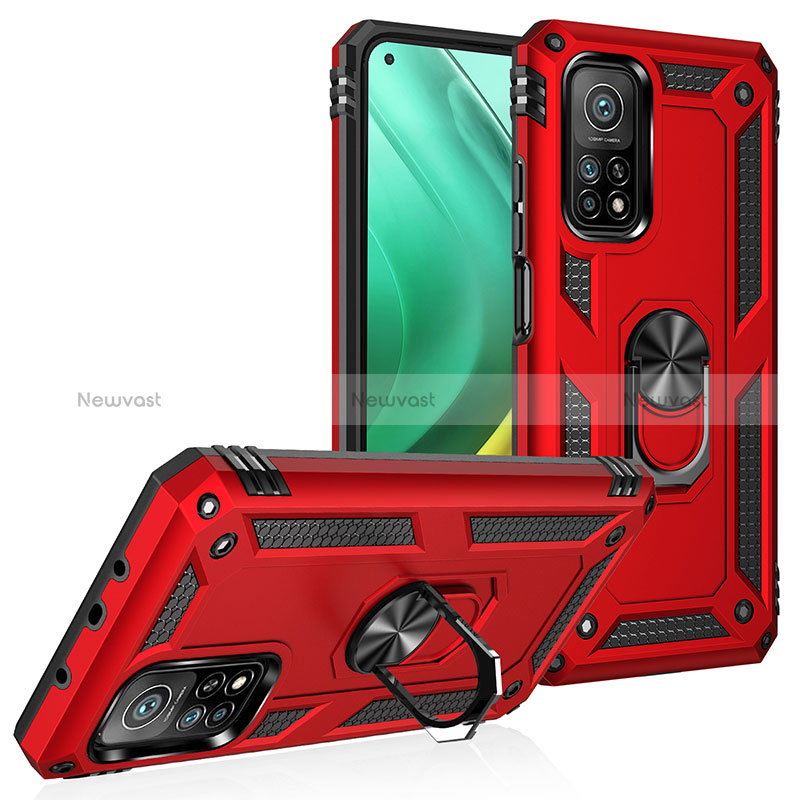 Silicone Matte Finish and Plastic Back Cover Case with Magnetic Finger Ring Stand MQ3 for Xiaomi Mi 10T Pro 5G Red