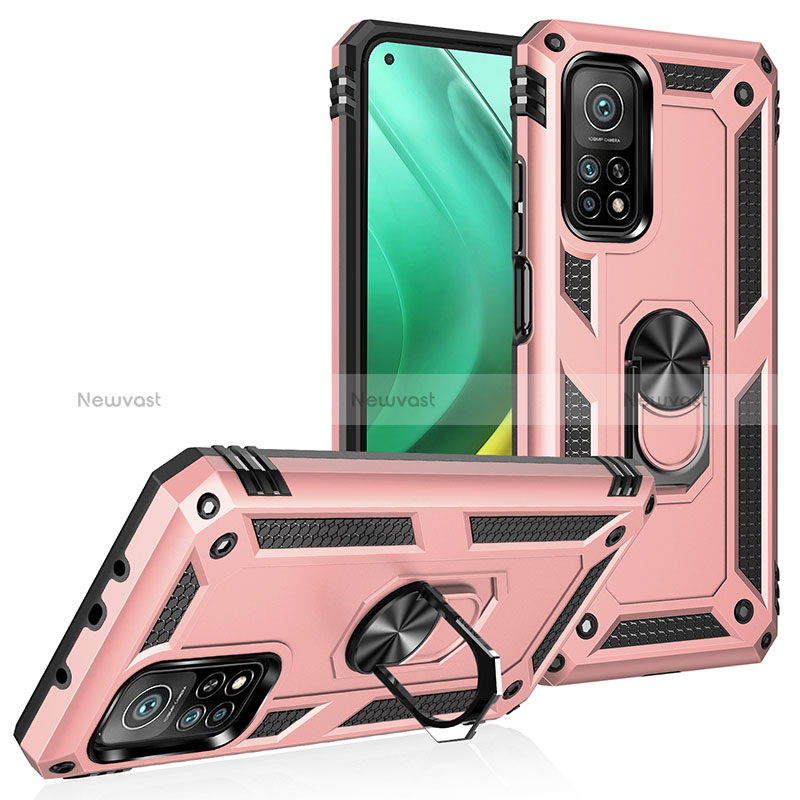 Silicone Matte Finish and Plastic Back Cover Case with Magnetic Finger Ring Stand MQ3 for Xiaomi Mi 10T Pro 5G Rose Gold