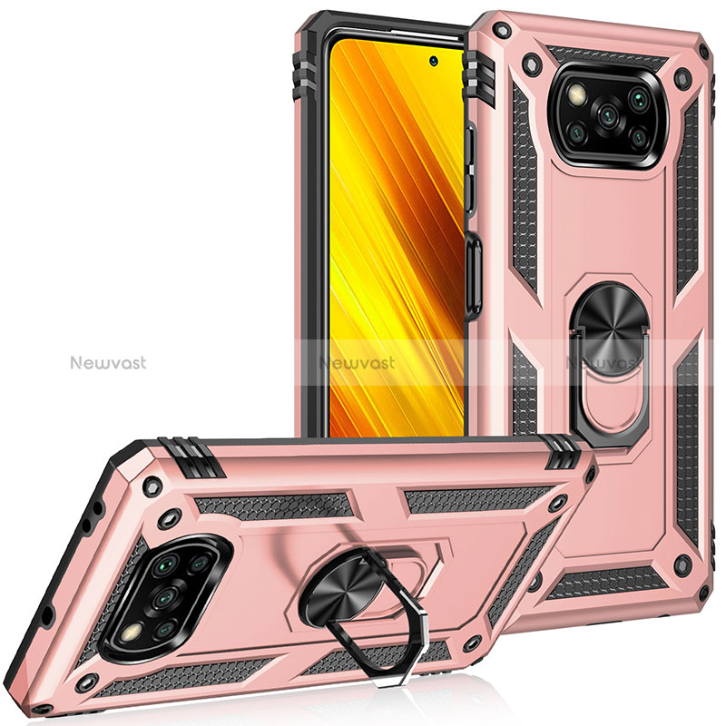 Silicone Matte Finish and Plastic Back Cover Case with Magnetic Finger Ring Stand MQ3 for Xiaomi Poco X3 NFC Rose Gold