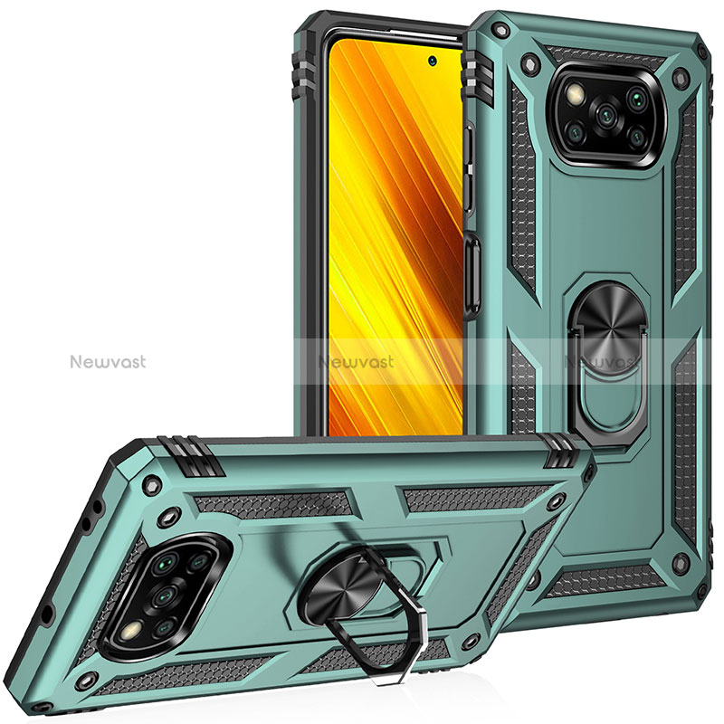 Silicone Matte Finish and Plastic Back Cover Case with Magnetic Finger Ring Stand MQ3 for Xiaomi Poco X3 Pro Green