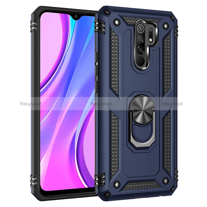 Silicone Matte Finish and Plastic Back Cover Case with Magnetic Finger Ring Stand MQ3 for Xiaomi Redmi 9 Blue