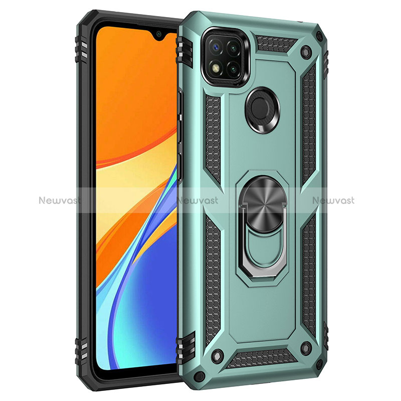 Silicone Matte Finish and Plastic Back Cover Case with Magnetic Finger Ring Stand MQ3 for Xiaomi Redmi 9 India Green