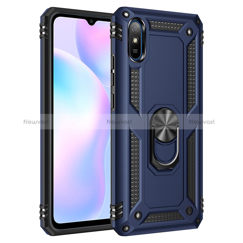 Silicone Matte Finish and Plastic Back Cover Case with Magnetic Finger Ring Stand MQ3 for Xiaomi Redmi 9A Blue