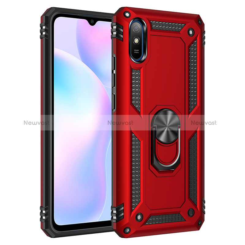Silicone Matte Finish and Plastic Back Cover Case with Magnetic Finger Ring Stand MQ3 for Xiaomi Redmi 9A Red