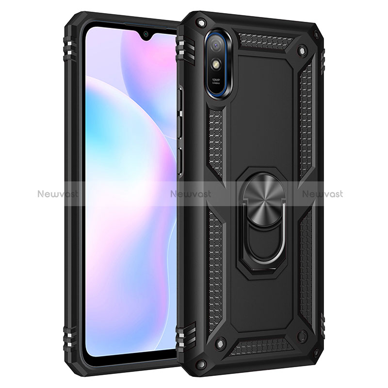 Silicone Matte Finish and Plastic Back Cover Case with Magnetic Finger Ring Stand MQ3 for Xiaomi Redmi 9AT Black