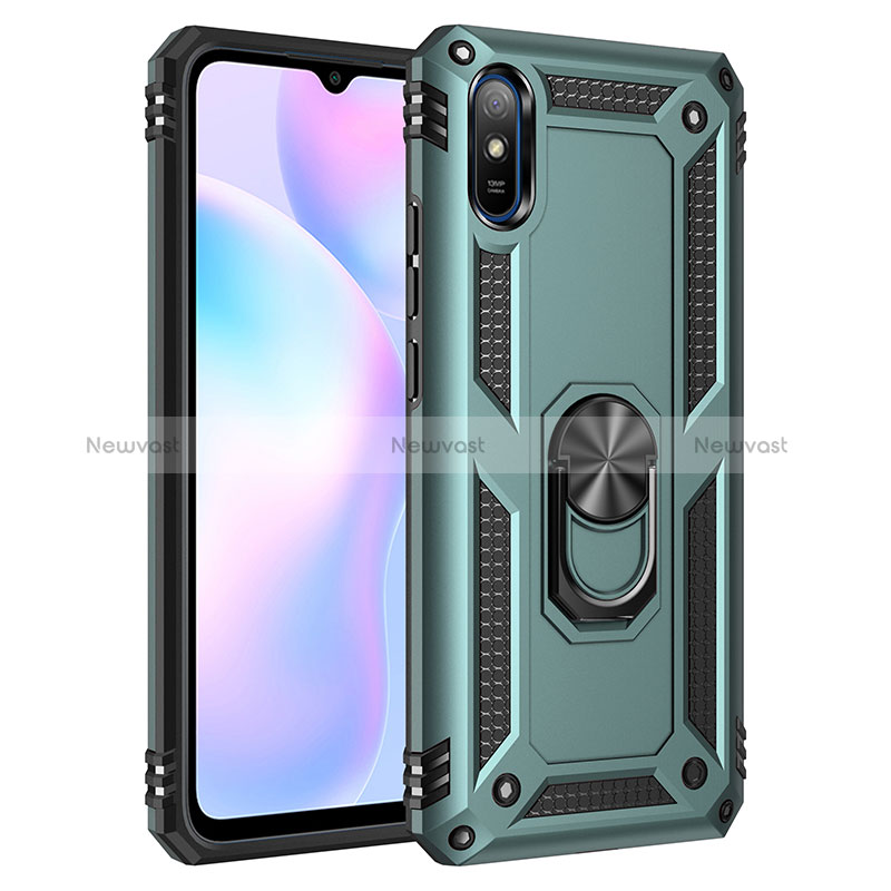 Silicone Matte Finish and Plastic Back Cover Case with Magnetic Finger Ring Stand MQ3 for Xiaomi Redmi 9AT Green