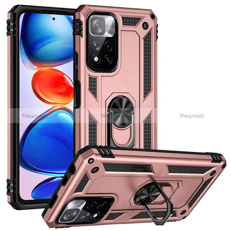 Silicone Matte Finish and Plastic Back Cover Case with Magnetic Finger Ring Stand MQ3 for Xiaomi Redmi Note 11 Pro+ Plus 5G Rose Gold