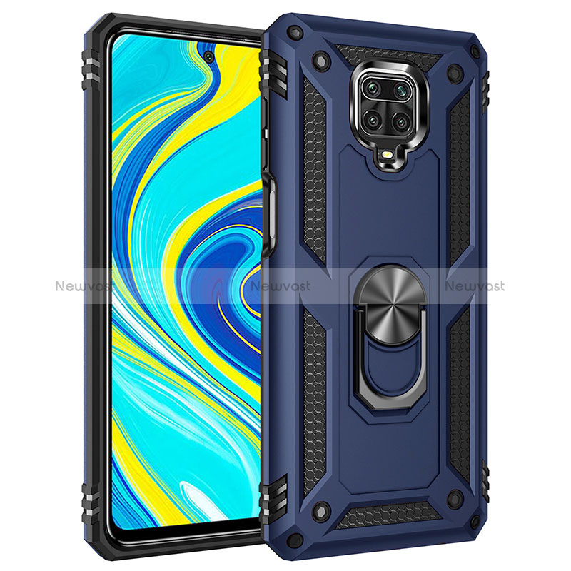 Silicone Matte Finish and Plastic Back Cover Case with Magnetic Finger Ring Stand MQ3 for Xiaomi Redmi Note 9 Pro Blue