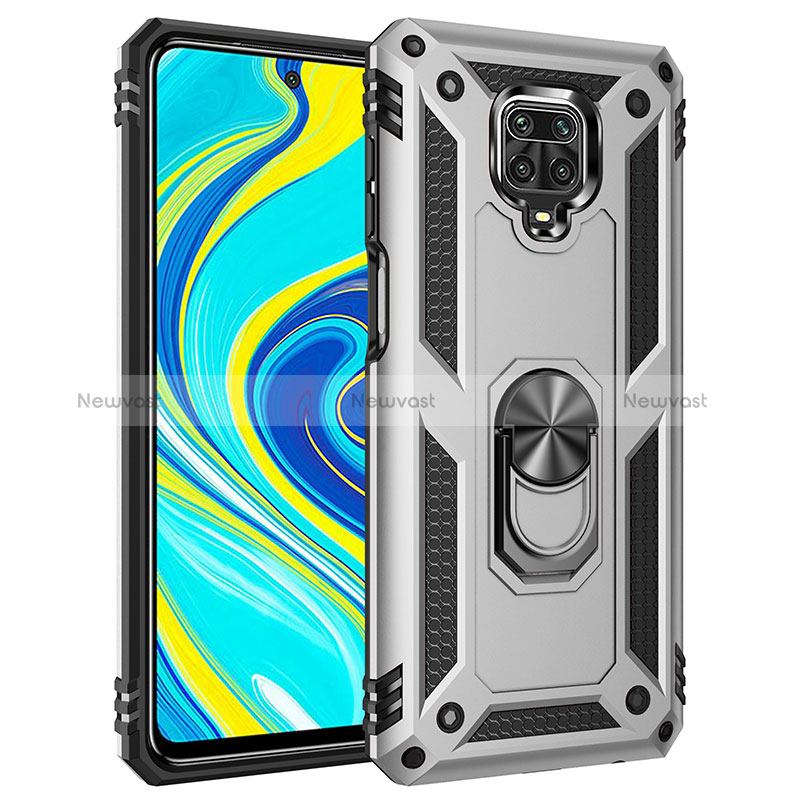 Silicone Matte Finish and Plastic Back Cover Case with Magnetic Finger Ring Stand MQ3 for Xiaomi Redmi Note 9 Pro Silver