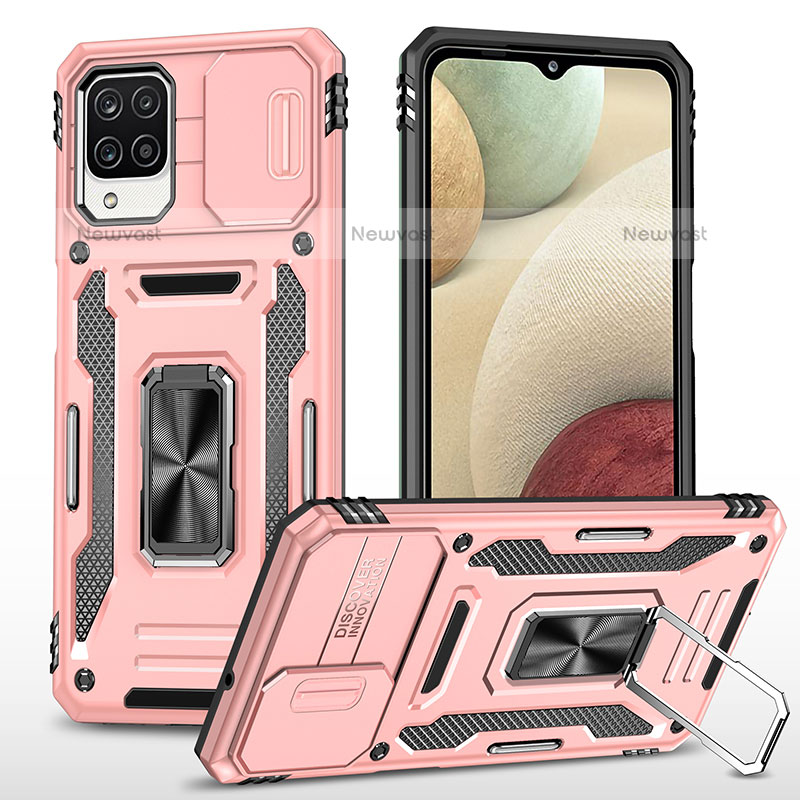 Silicone Matte Finish and Plastic Back Cover Case with Magnetic Finger Ring Stand MQ4 for Samsung Galaxy A12 Rose Gold