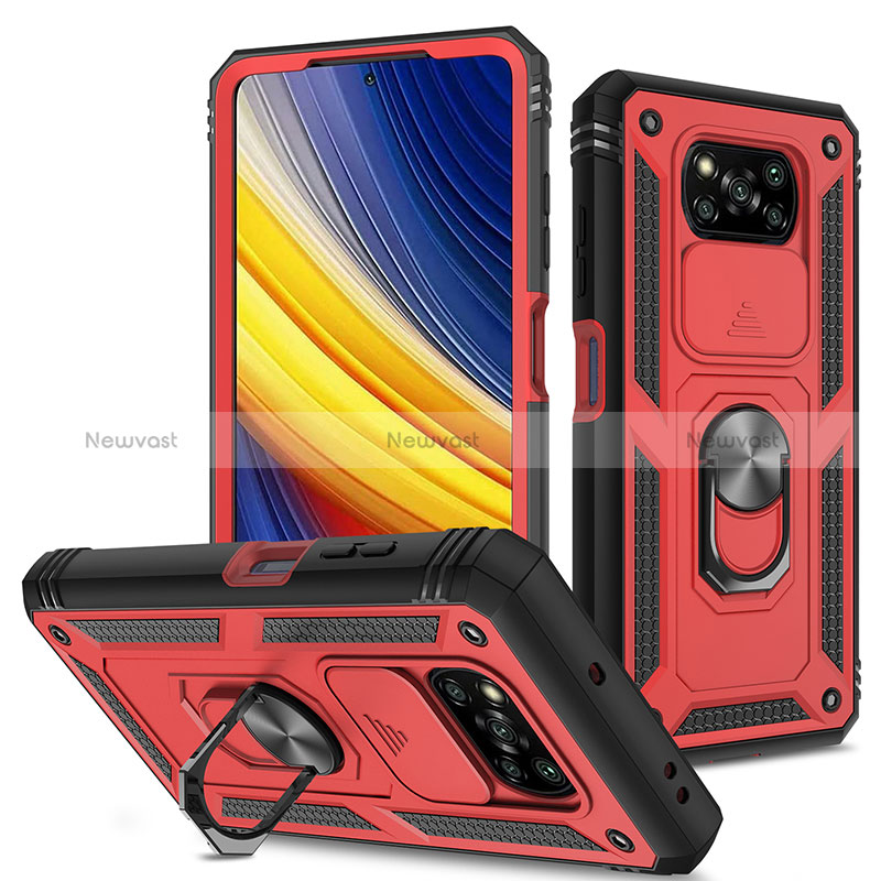 Silicone Matte Finish and Plastic Back Cover Case with Magnetic Finger Ring Stand MQ4 for Xiaomi Poco X3 NFC Red