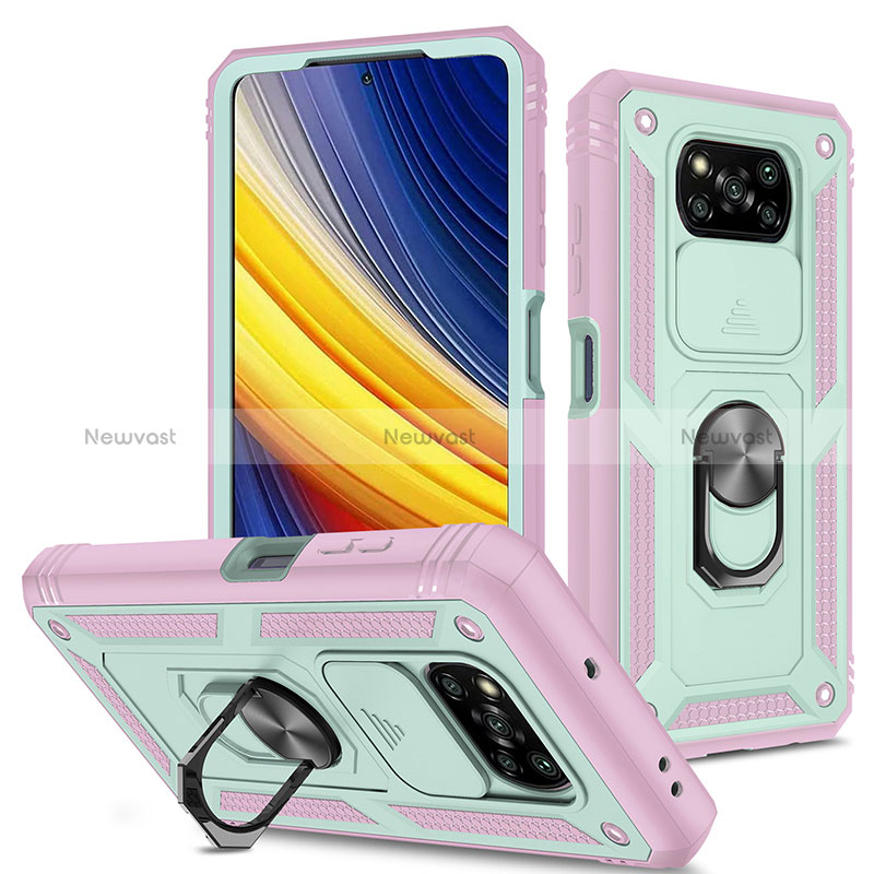 Silicone Matte Finish and Plastic Back Cover Case with Magnetic Finger Ring Stand MQ4 for Xiaomi Poco X3 Pro