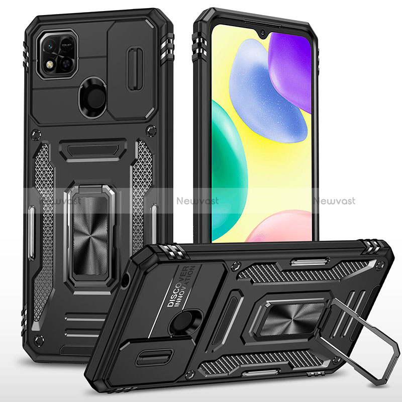 Silicone Matte Finish and Plastic Back Cover Case with Magnetic Finger Ring Stand MQ4 for Xiaomi Redmi 9 India