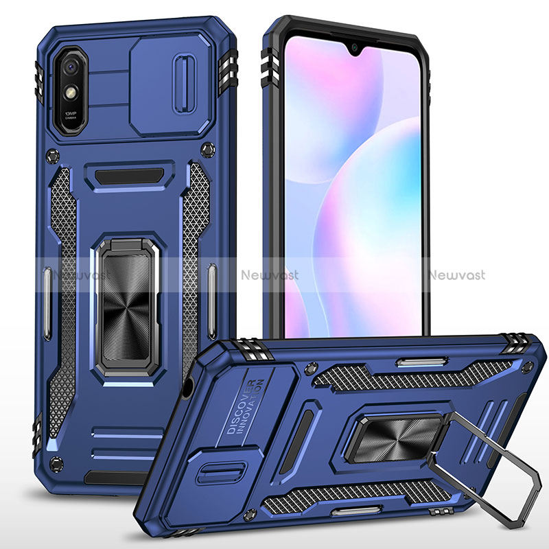 Silicone Matte Finish and Plastic Back Cover Case with Magnetic Finger Ring Stand MQ4 for Xiaomi Redmi 9A