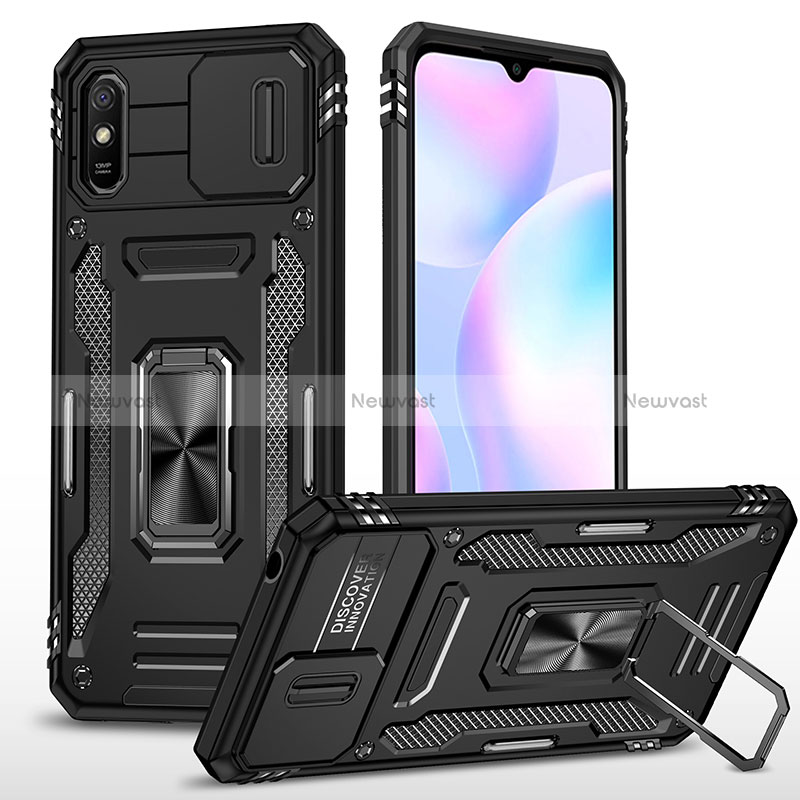 Silicone Matte Finish and Plastic Back Cover Case with Magnetic Finger Ring Stand MQ4 for Xiaomi Redmi 9A