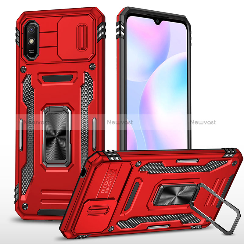 Silicone Matte Finish and Plastic Back Cover Case with Magnetic Finger Ring Stand MQ4 for Xiaomi Redmi 9A Red