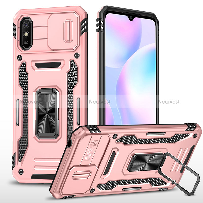Silicone Matte Finish and Plastic Back Cover Case with Magnetic Finger Ring Stand MQ4 for Xiaomi Redmi 9A Rose Gold