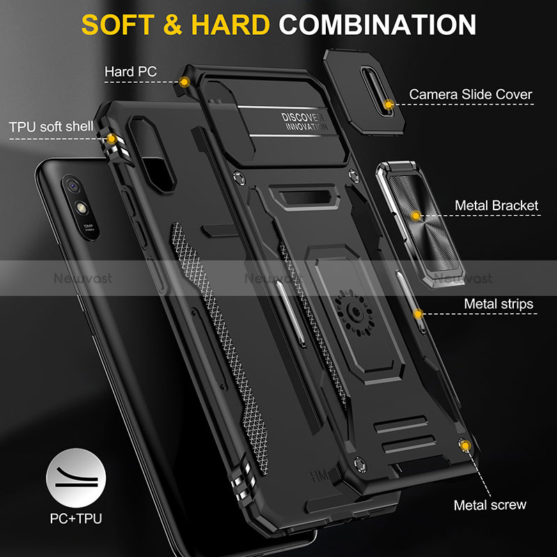 Silicone Matte Finish and Plastic Back Cover Case with Magnetic Finger Ring Stand MQ4 for Xiaomi Redmi 9AT