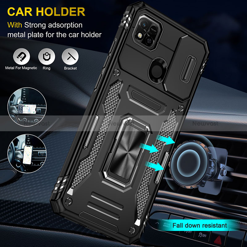 Silicone Matte Finish and Plastic Back Cover Case with Magnetic Finger Ring Stand MQ4 for Xiaomi Redmi 9C NFC