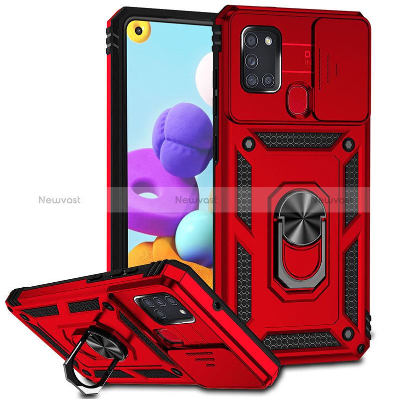 Silicone Matte Finish and Plastic Back Cover Case with Magnetic Finger Ring Stand MQ6 for Samsung Galaxy A21s