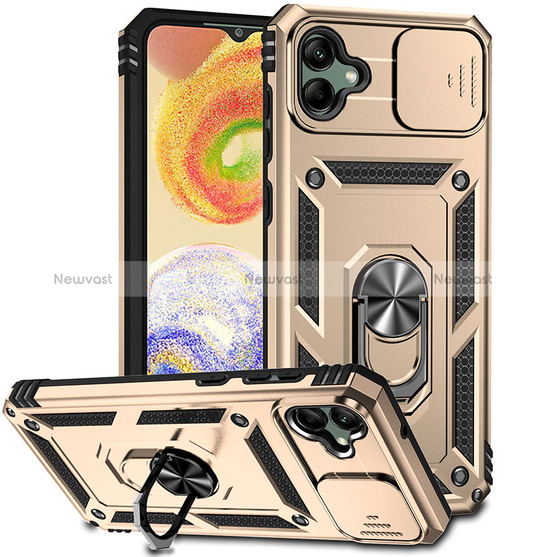 Silicone Matte Finish and Plastic Back Cover Case with Magnetic Finger Ring Stand MQ6 for Samsung Galaxy M04 Gold