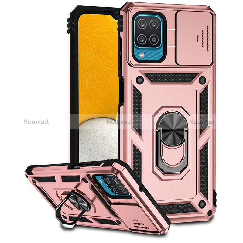 Silicone Matte Finish and Plastic Back Cover Case with Magnetic Finger Ring Stand MQ6 for Samsung Galaxy M12 Rose Gold