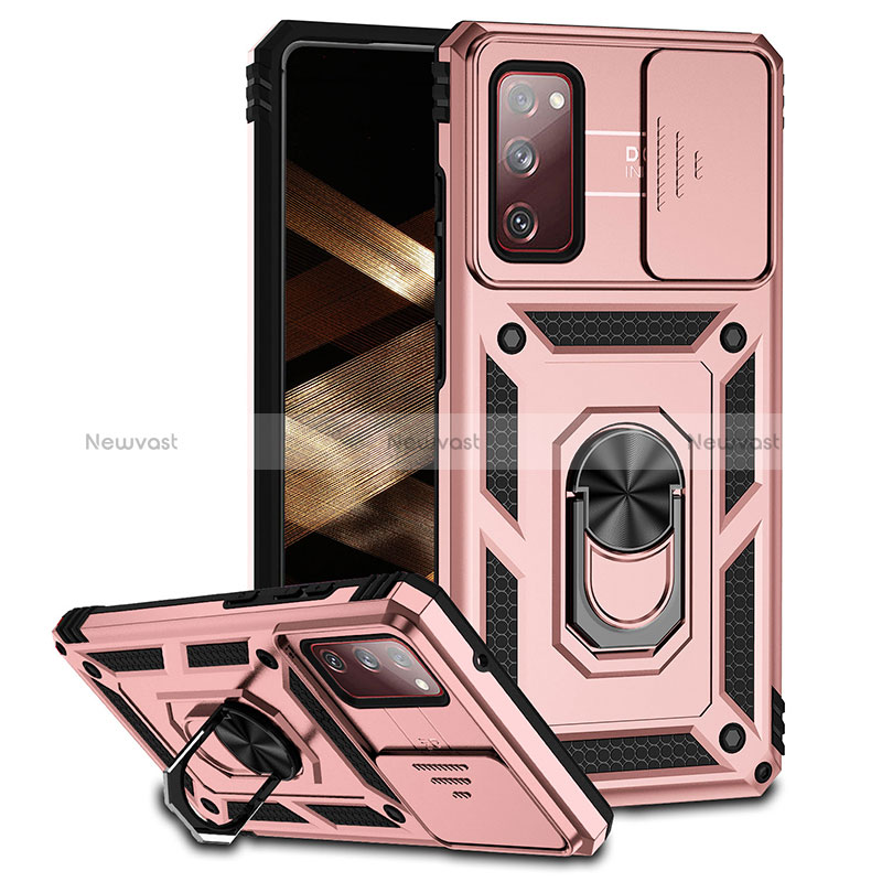 Silicone Matte Finish and Plastic Back Cover Case with Magnetic Finger Ring Stand MQ6 for Samsung Galaxy S20 FE (2022) 5G Rose Gold