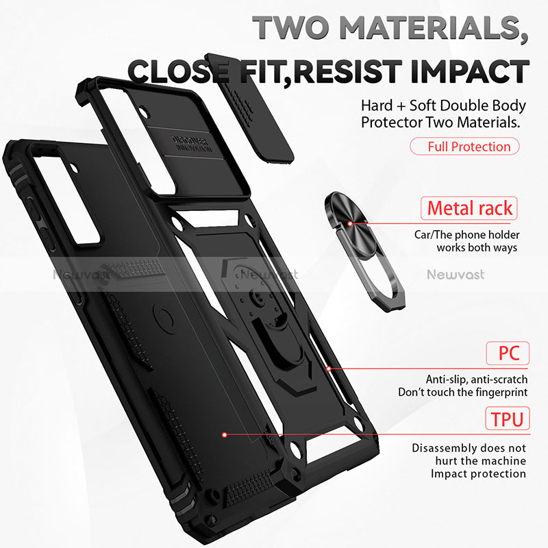 Silicone Matte Finish and Plastic Back Cover Case with Magnetic Finger Ring Stand MQ6 for Samsung Galaxy S21 FE 5G