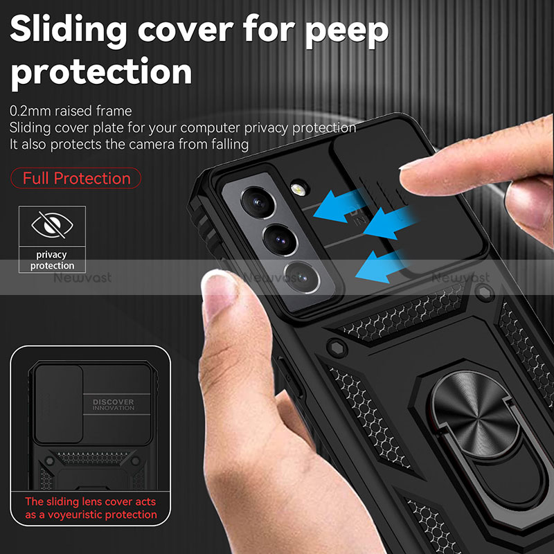 Silicone Matte Finish and Plastic Back Cover Case with Magnetic Finger Ring Stand MQ6 for Samsung Galaxy S21 FE 5G