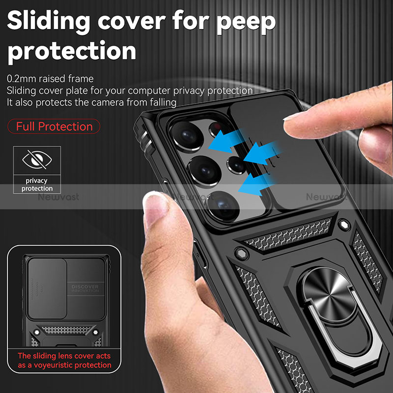 Silicone Matte Finish and Plastic Back Cover Case with Magnetic Finger Ring Stand MQ6 for Samsung Galaxy S22 Ultra 5G