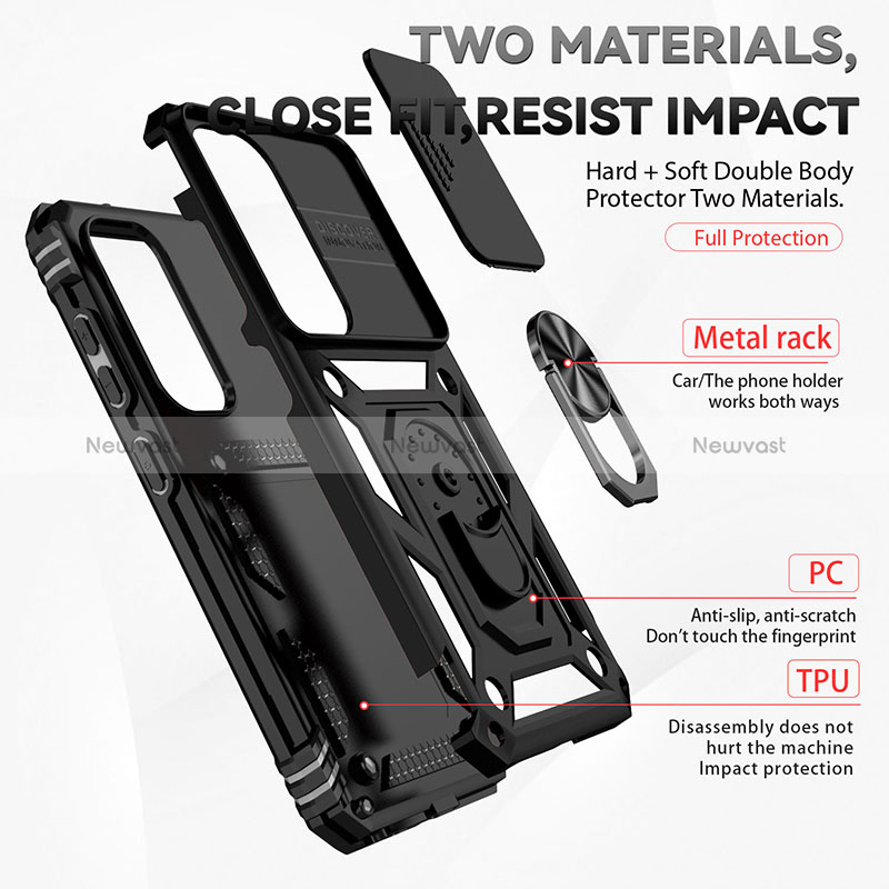 Silicone Matte Finish and Plastic Back Cover Case with Magnetic Finger Ring Stand MQ6 for Samsung Galaxy S23 5G