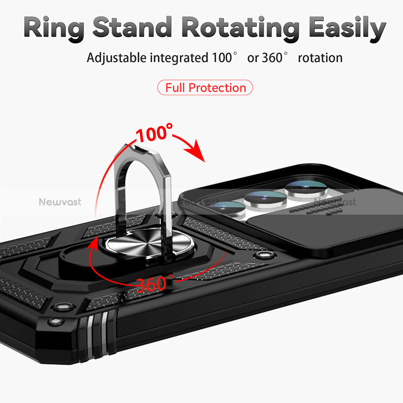 Silicone Matte Finish and Plastic Back Cover Case with Magnetic Finger Ring Stand MQ6 for Samsung Galaxy S23 Plus 5G