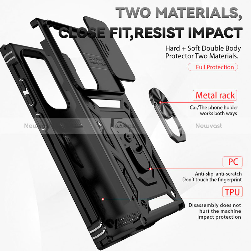Silicone Matte Finish and Plastic Back Cover Case with Magnetic Finger Ring Stand MQ6 for Samsung Galaxy S23 Ultra 5G