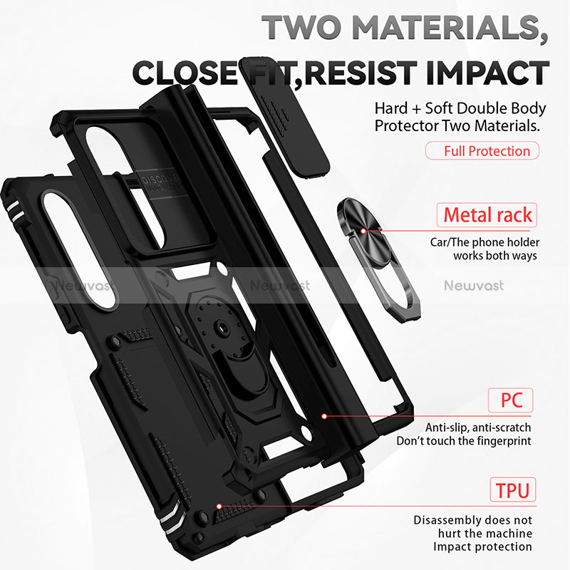 Silicone Matte Finish and Plastic Back Cover Case with Magnetic Finger Ring Stand MQ6 for Samsung Galaxy Z Fold4 5G