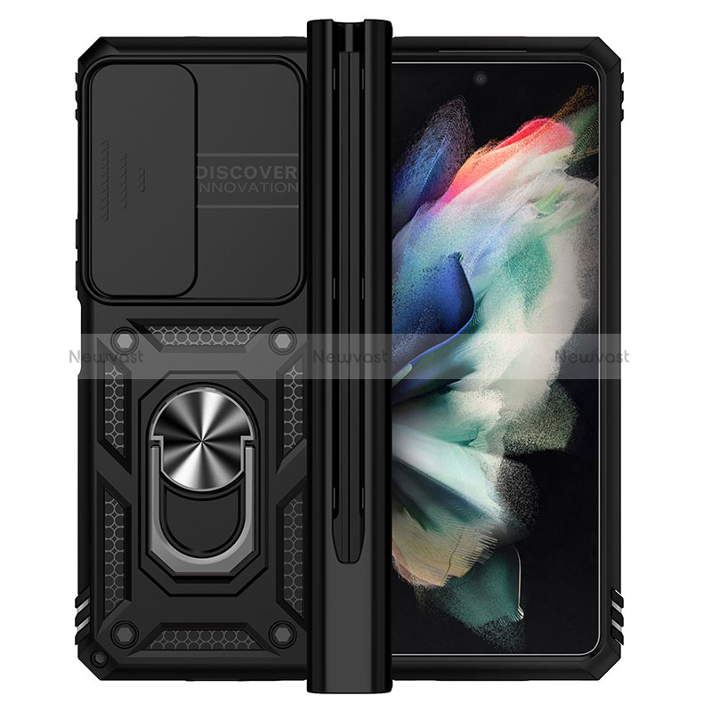 Silicone Matte Finish and Plastic Back Cover Case with Magnetic Finger Ring Stand MQ6 for Samsung Galaxy Z Fold4 5G