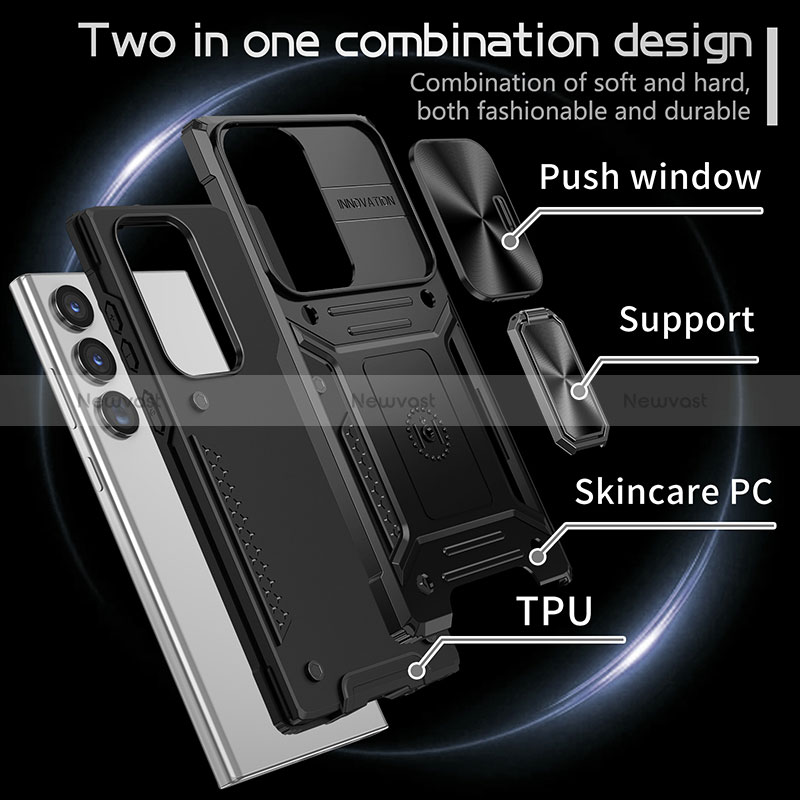 Silicone Matte Finish and Plastic Back Cover Case with Magnetic Finger Ring Stand MQ7 for Samsung Galaxy S22 Ultra 5G
