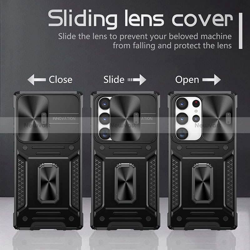Silicone Matte Finish and Plastic Back Cover Case with Magnetic Finger Ring Stand MQ7 for Samsung Galaxy S22 Ultra 5G
