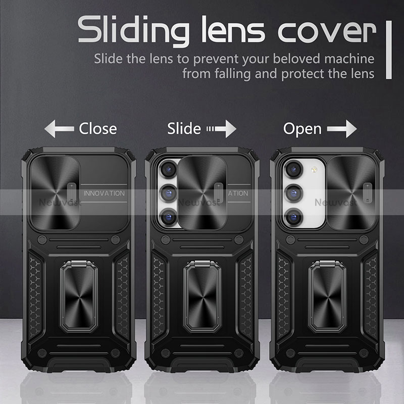 Silicone Matte Finish and Plastic Back Cover Case with Magnetic Finger Ring Stand MQ7 for Samsung Galaxy S23 Plus 5G