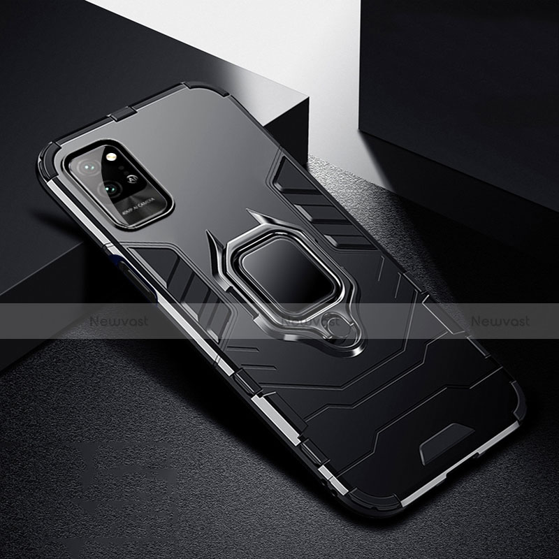 Silicone Matte Finish and Plastic Back Cover Case with Magnetic Finger Ring Stand N01 for Huawei Honor Play4 Pro 5G Black