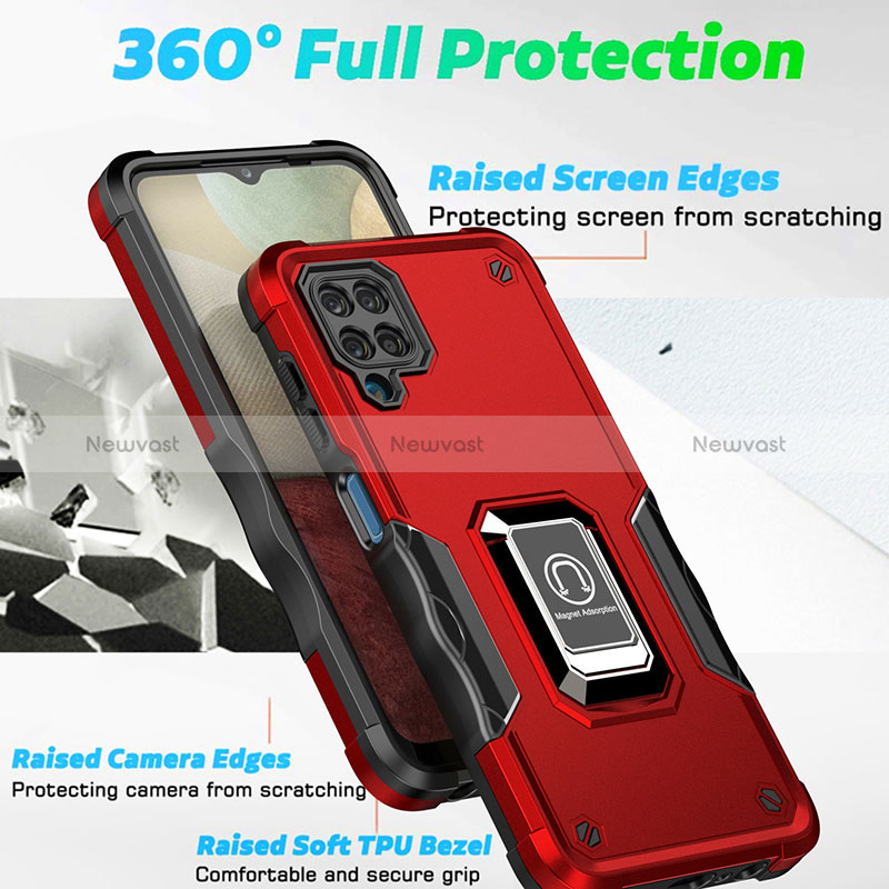 Silicone Matte Finish and Plastic Back Cover Case with Magnetic Finger Ring Stand QW1 for Samsung Galaxy A12 Nacho